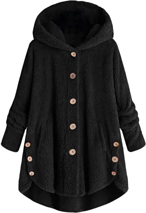 Womens Fleece Jacket with Hood Plus Size Winter Coat 2024 Button Down Faux Fur Sherpa Jacket Warm Outwear with Pocket