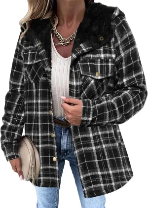 Womens Fleece Lined Jacket Flannel Plaid Shacket Casual Long Sleeve Button Down Hooded Jackets Fuzzy Warm Hoodies