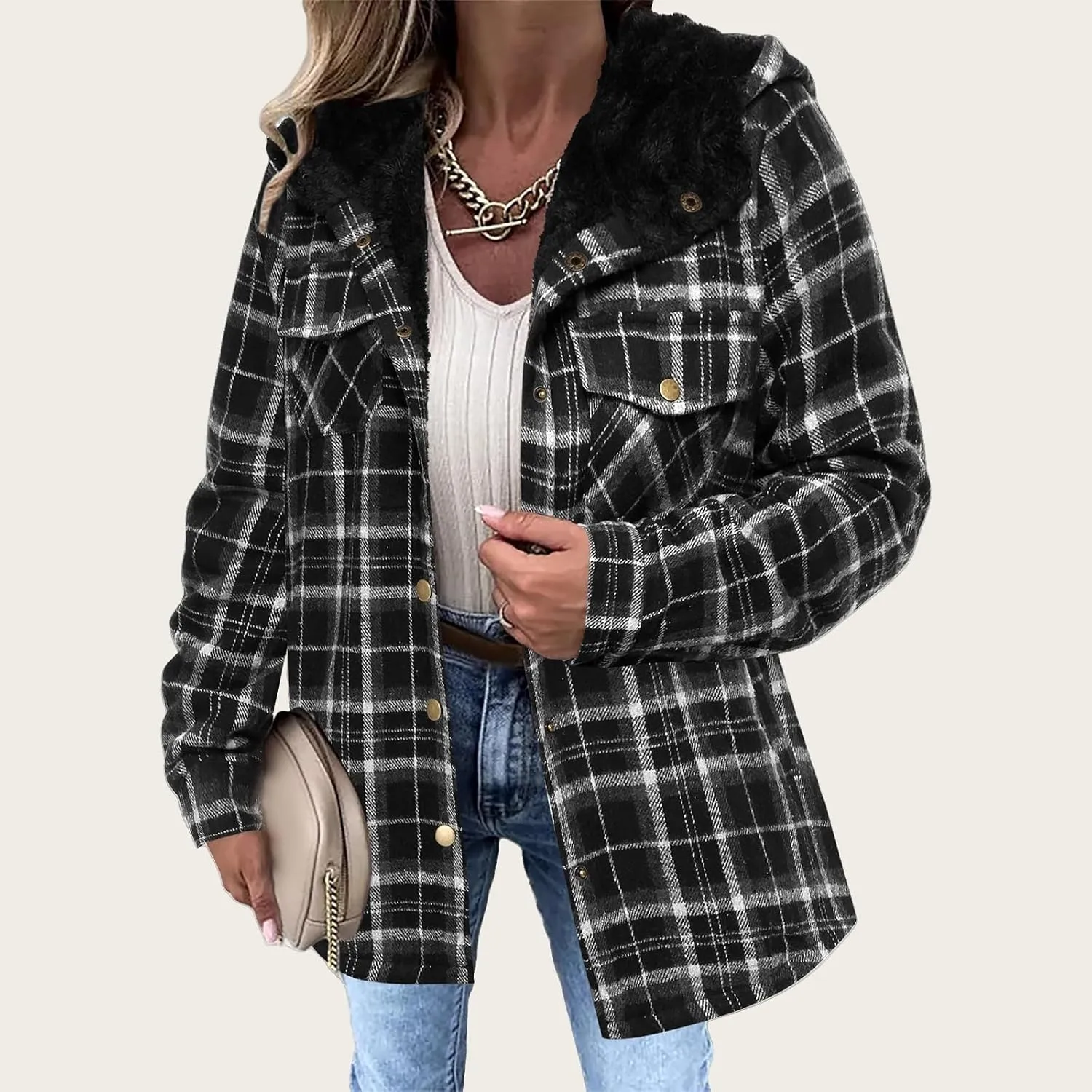 Womens Fleece Lined Jacket Flannel Plaid Shacket Casual Long Sleeve Button Down Hooded Jackets Fuzzy Warm Hoodies