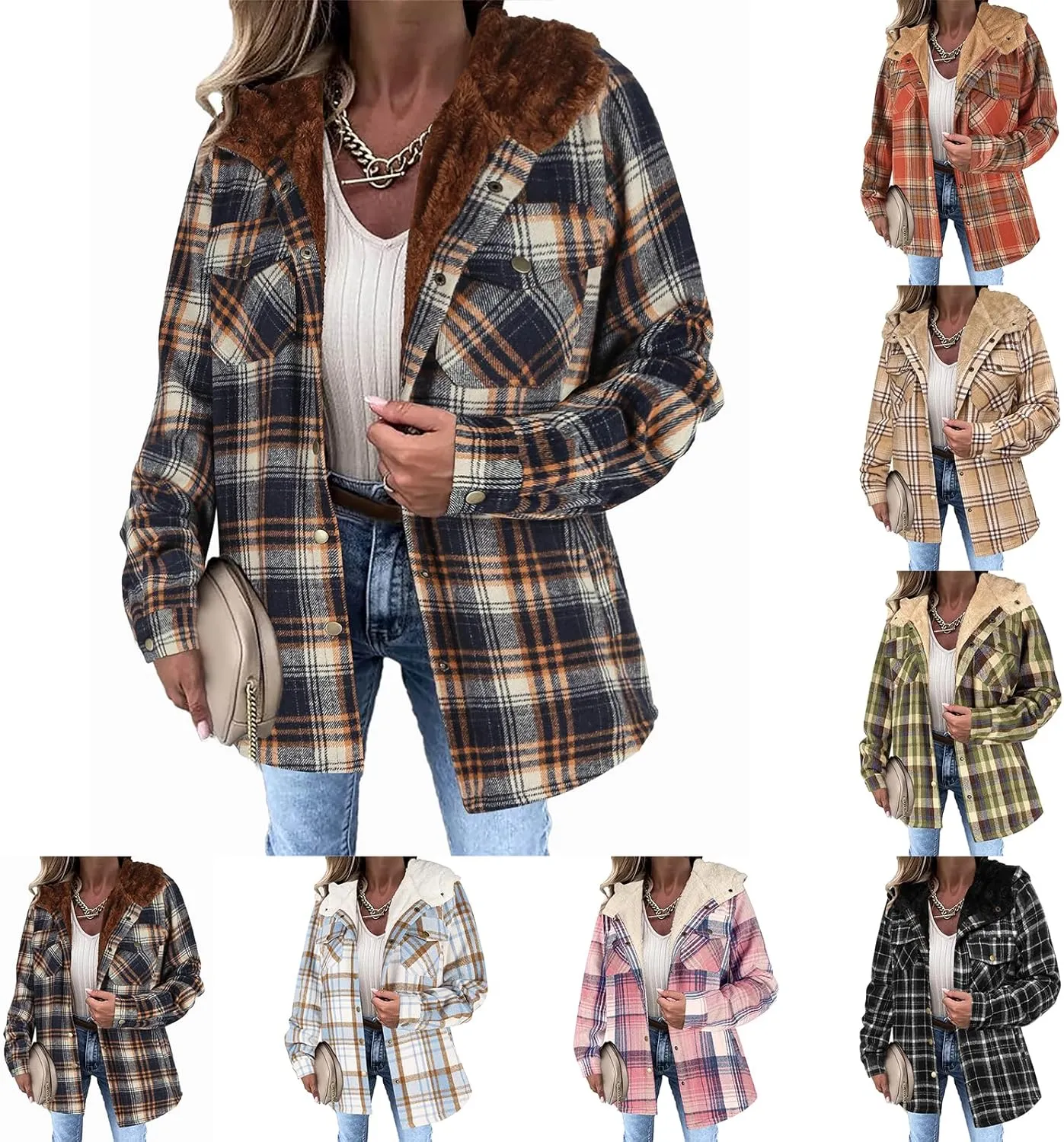 Womens Fleece Lined Jacket Flannel Plaid Shacket Casual Long Sleeve Button Down Hooded Jackets Fuzzy Warm Hoodies