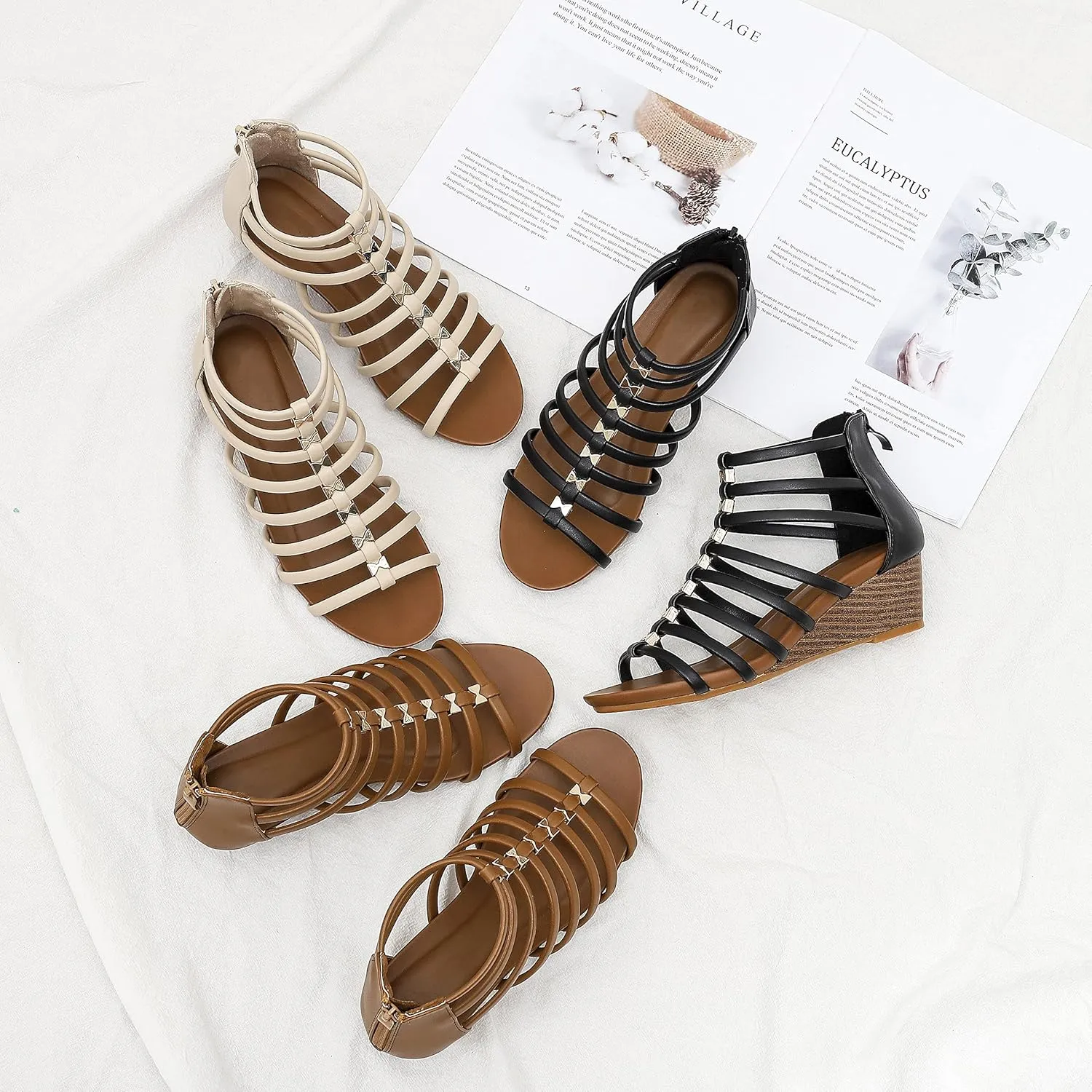 Women's Gladiator Sandals Open Toe Wedge Sandal Cross Strappy Flat Summer Roman Shoes Zipper Closure