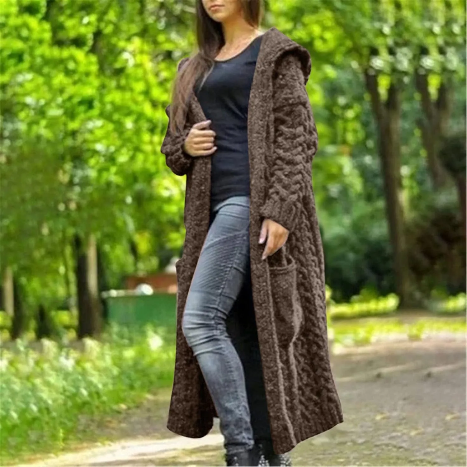 Womens Heavyweight Hooded Sweaters Oversized Long Cardigan Coats Open Cardigan Warm Cable Knit Long Cardigan Sweaters