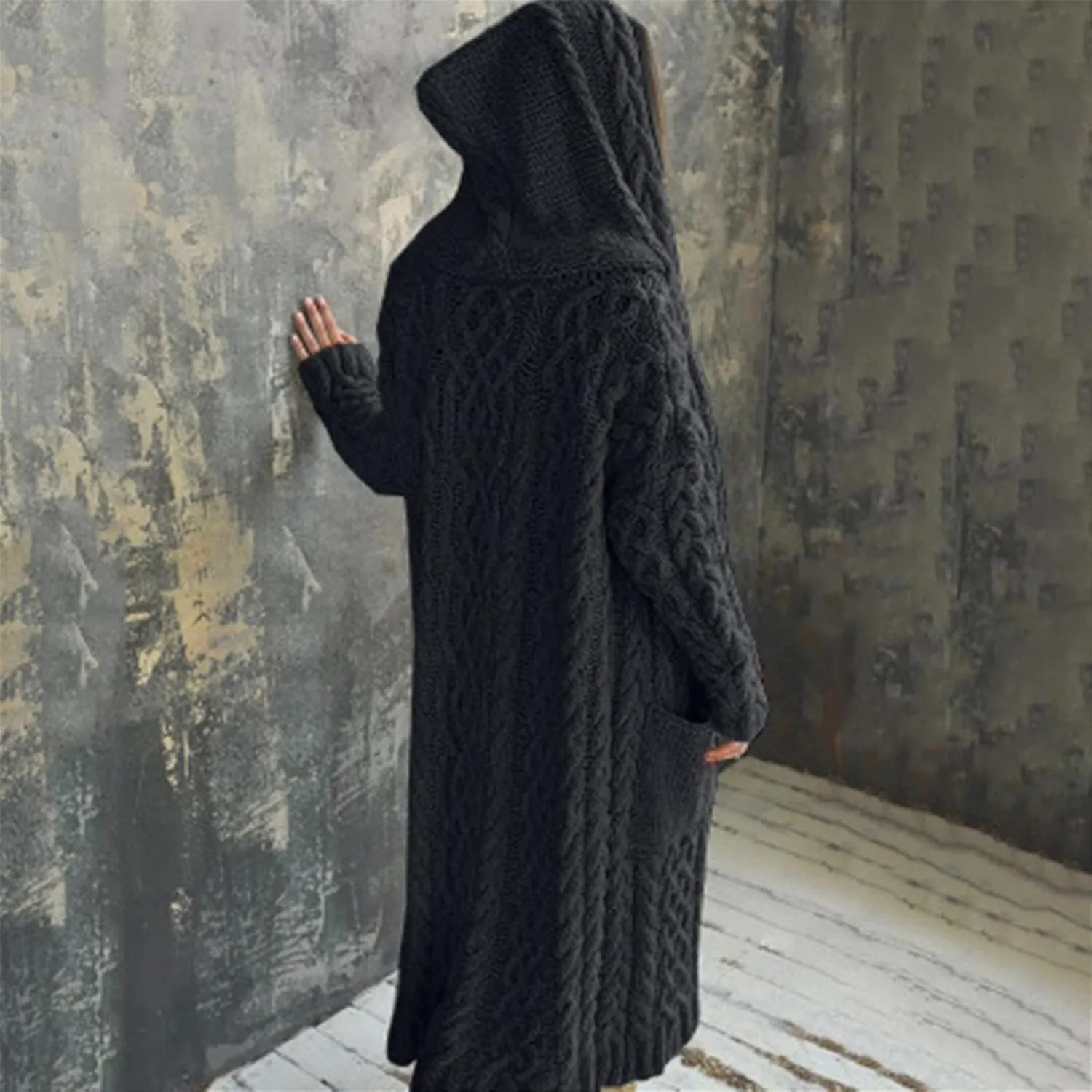 Womens Heavyweight Hooded Sweaters Oversized Long Cardigan Coats Open Cardigan Warm Cable Knit Long Cardigan Sweaters