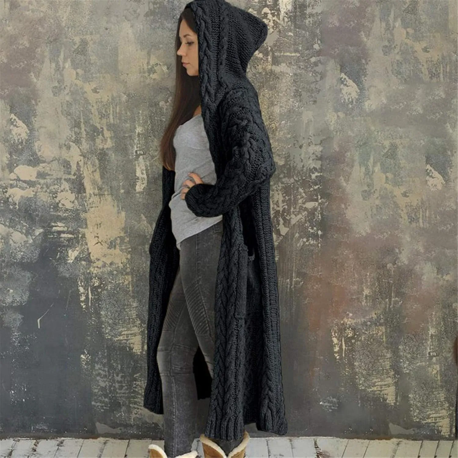 Womens Heavyweight Hooded Sweaters Oversized Long Cardigan Coats Open Cardigan Warm Cable Knit Long Cardigan Sweaters
