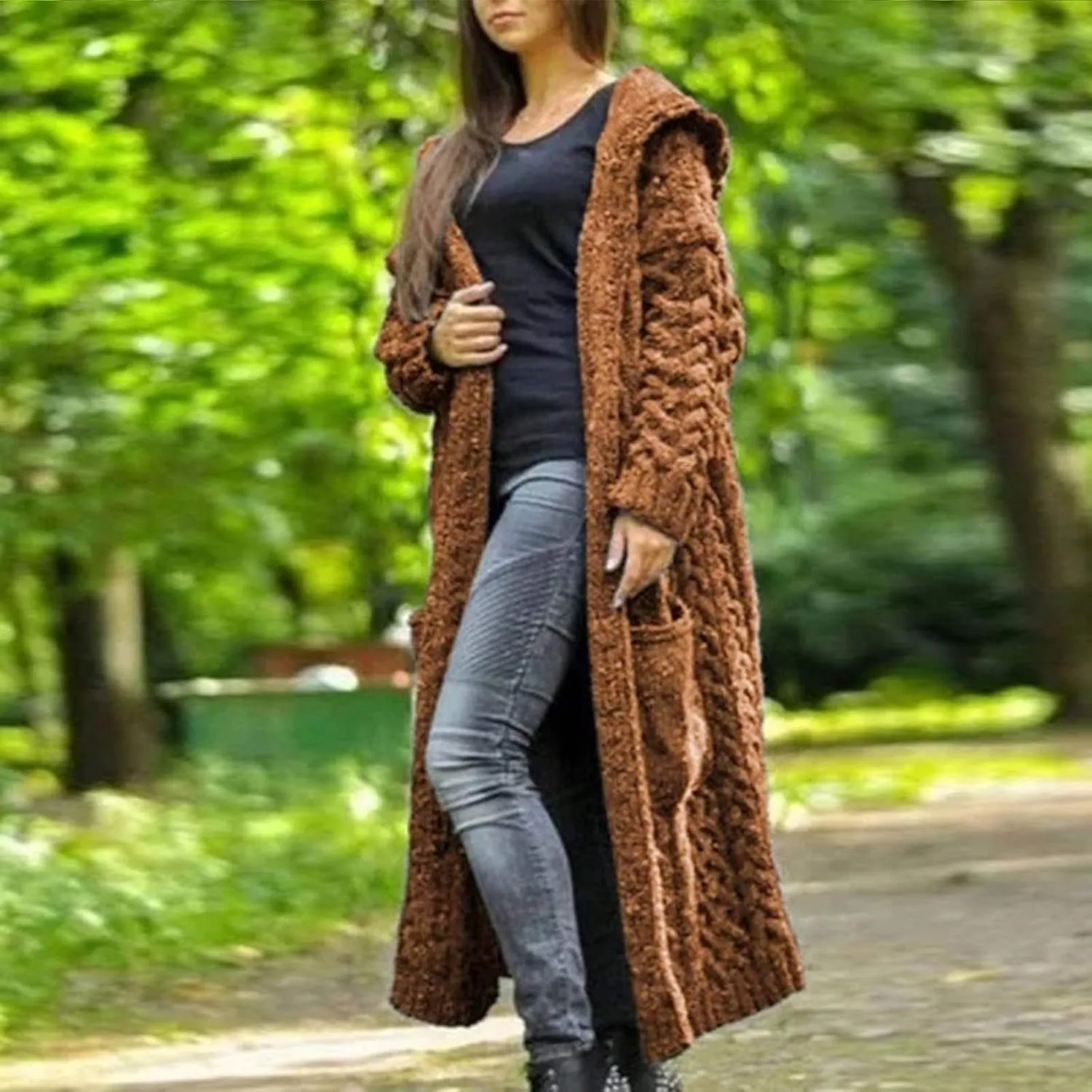 Womens Heavyweight Hooded Sweaters Oversized Long Cardigan Coats Open Cardigan Warm Cable Knit Long Cardigan Sweaters