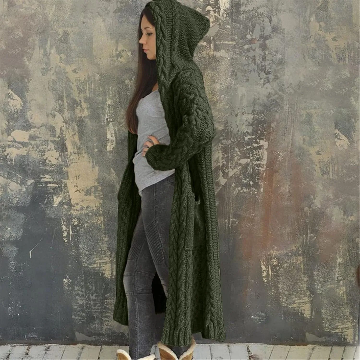 Womens Heavyweight Hooded Sweaters Oversized Long Cardigan Coats Open Cardigan Warm Cable Knit Long Cardigan Sweaters
