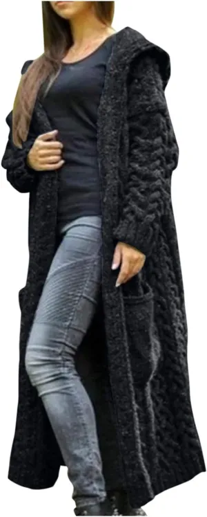 Womens Heavyweight Hooded Sweaters Oversized Long Cardigan Coats Open Cardigan Warm Cable Knit Long Cardigan Sweaters
