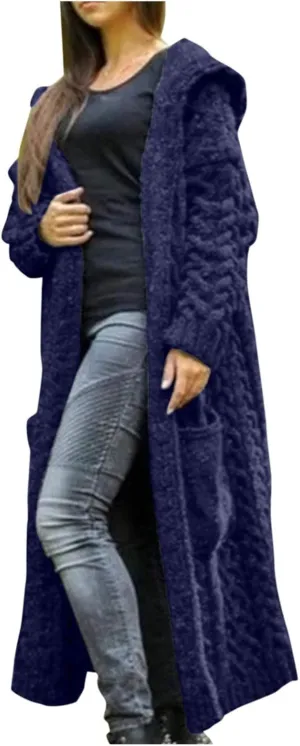 Womens Heavyweight Hooded Sweaters Oversized Long Cardigan Coats Open Cardigan Warm Cable Knit Long Cardigan Sweaters
