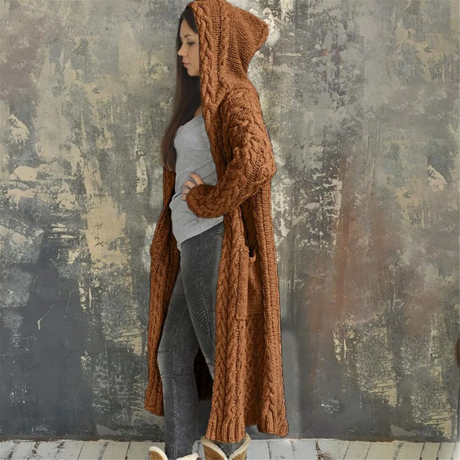Womens Heavyweight Hooded Sweaters Oversized Long Cardigan Coats Open Cardigan Warm Cable Knit Long Cardigan Sweaters