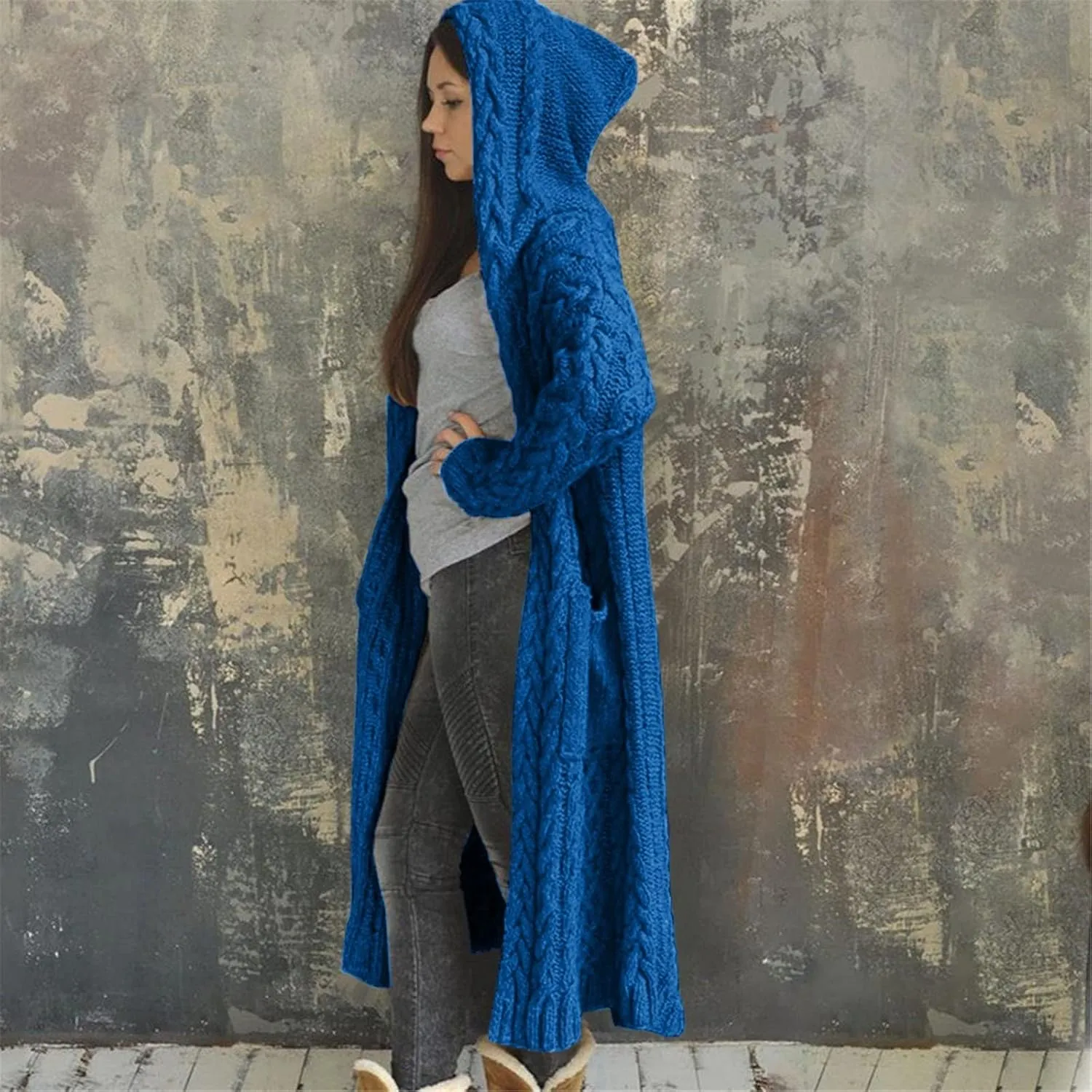 Womens Heavyweight Hooded Sweaters Oversized Long Cardigan Coats Open Cardigan Warm Cable Knit Long Cardigan Sweaters