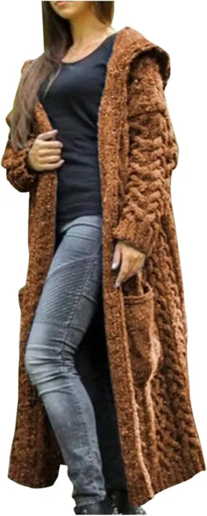 Womens Heavyweight Hooded Sweaters Oversized Long Cardigan Coats Open Cardigan Warm Cable Knit Long Cardigan Sweaters