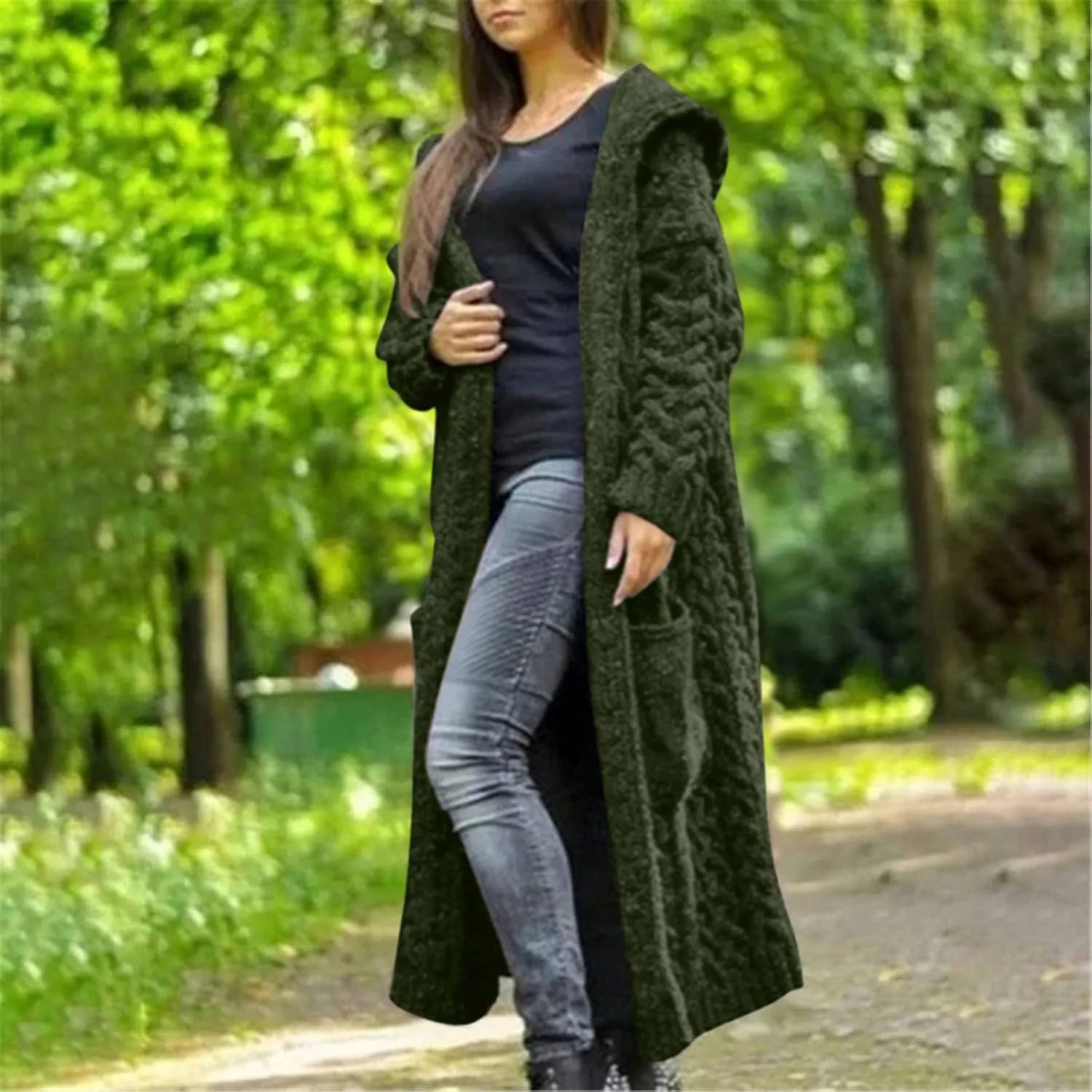 Womens Heavyweight Hooded Sweaters Oversized Long Cardigan Coats Open Cardigan Warm Cable Knit Long Cardigan Sweaters