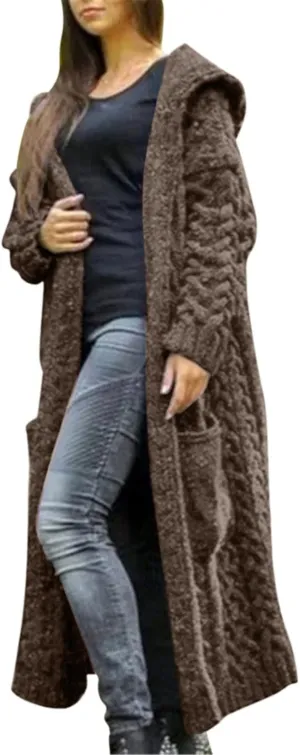 Womens Heavyweight Hooded Sweaters Oversized Long Cardigan Coats Open Cardigan Warm Cable Knit Long Cardigan Sweaters
