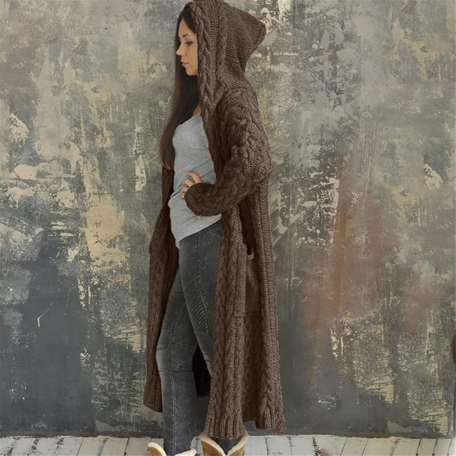 Womens Heavyweight Hooded Sweaters Oversized Long Cardigan Coats Open Cardigan Warm Cable Knit Long Cardigan Sweaters