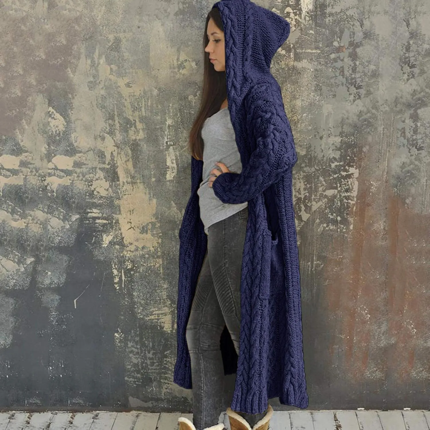 Womens Heavyweight Hooded Sweaters Oversized Long Cardigan Coats Open Cardigan Warm Cable Knit Long Cardigan Sweaters