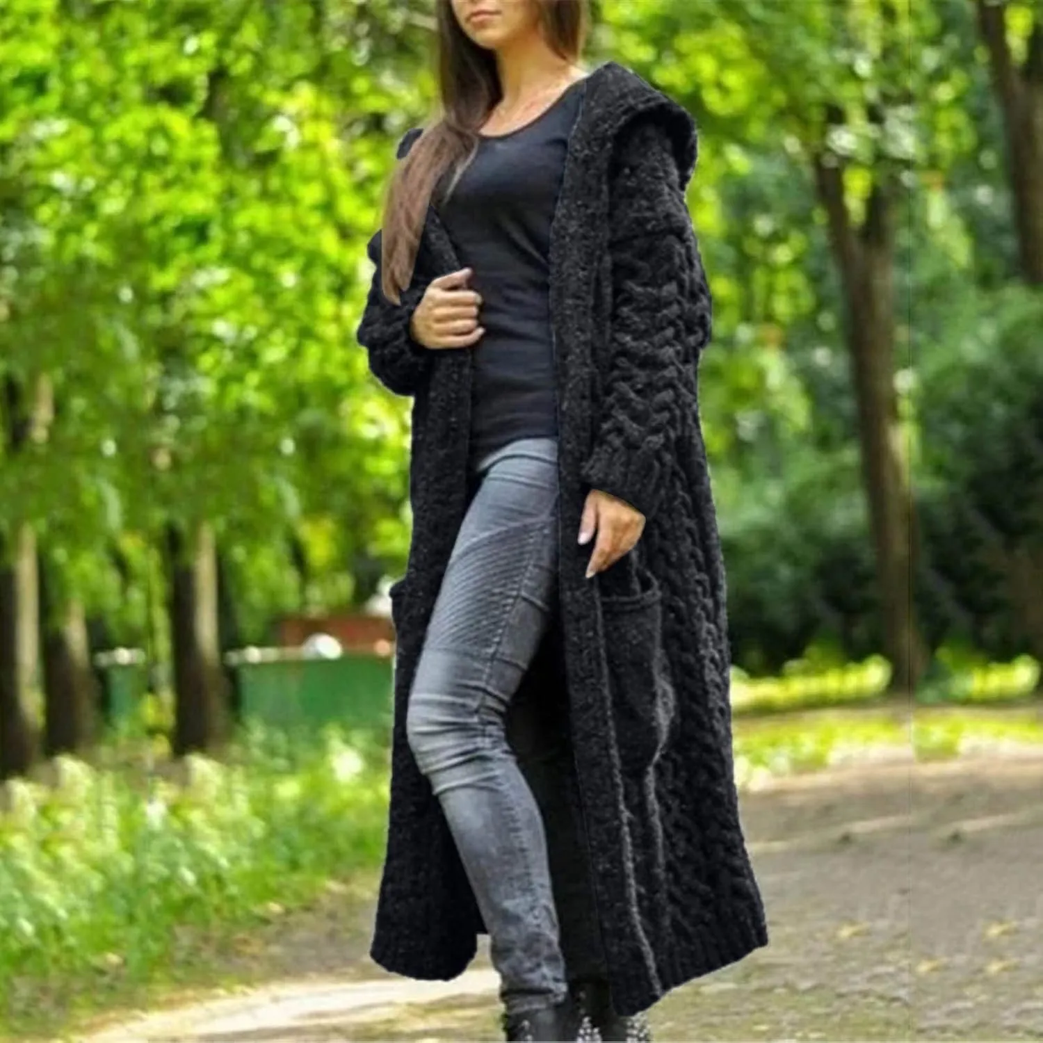 Womens Heavyweight Hooded Sweaters Oversized Long Cardigan Coats Open Cardigan Warm Cable Knit Long Cardigan Sweaters