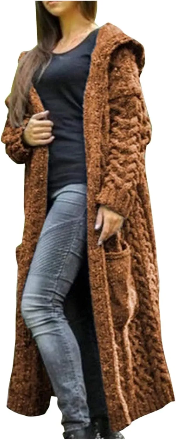 Womens Heavyweight Hooded Sweaters Oversized Long Cardigan Coats Open Cardigan Warm Cable Knit Long Cardigan Sweaters