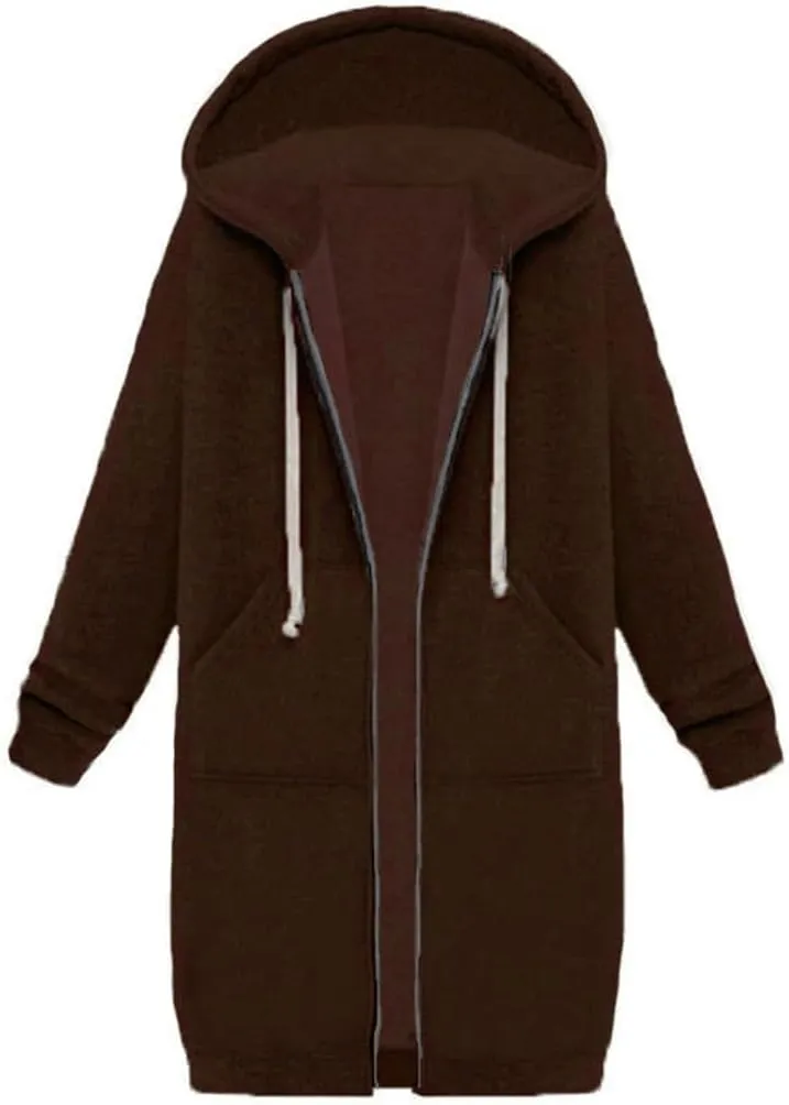 Womens Hoodies Zip Up Long Jackets Fleece Tunic Sweatshirt Oversized Outwear Thick Warm Coat with Pockets