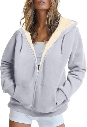 Womens Hoodies Zip Up Sherpa Lined Fleece Warm Jackets Cute Zip Up Sweatshirt Hooded Cardigan Winter Coats With Pocket