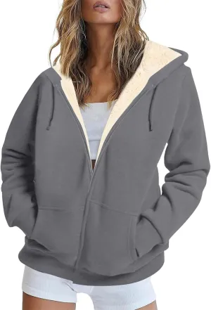 Womens Hoodies Zip Up Sherpa Lined Fleece Warm Jackets Cute Zip Up Sweatshirt Hooded Cardigan Winter Coats With Pocket