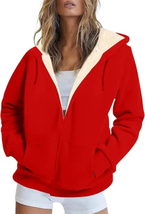 Womens Hoodies Zip Up Sherpa Lined Fleece Warm Jackets Cute Zip Up Sweatshirt Hooded Cardigan Winter Coats With Pocket