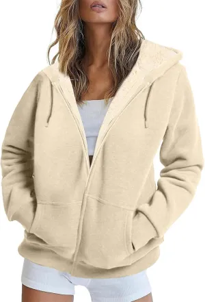 Womens Hoodies Zip Up Sherpa Lined Fleece Warm Jackets Cute Zip Up Sweatshirt Hooded Cardigan Winter Coats With Pocket
