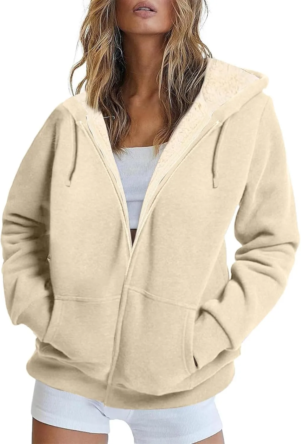 Womens Hoodies Zip Up Sherpa Lined Fleece Warm Jackets Cute Zip Up Sweatshirt Hooded Cardigan Winter Coats With Pocket