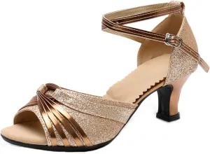 Women's Latin Dance Shoes Standard Ballroom Medium Heel Soft Sole Open Toe Non-Slip Synthetic Leather Upper Dancing Shoes