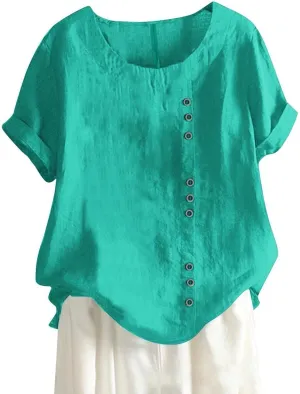 Womens Lined Tops Going Out Casual Short Sleeve Summer Tee Shirts Button Down Crewneck Solid Dressy Blouses