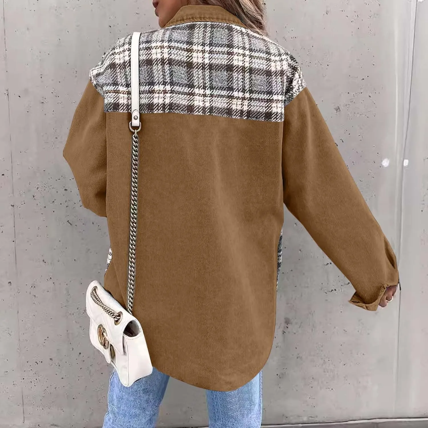 Womens Long Flannel Coats Plaid Shacke Long Sleeves Suit Collar Casual Button Down Loose Fit Trendy Bomber Jackets