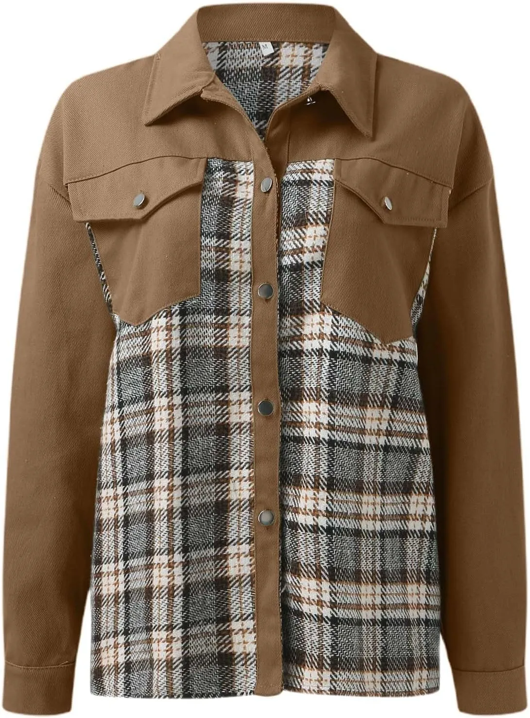 Womens Long Flannel Coats Plaid Shacke Long Sleeves Suit Collar Casual Button Down Loose Fit Trendy Bomber Jackets