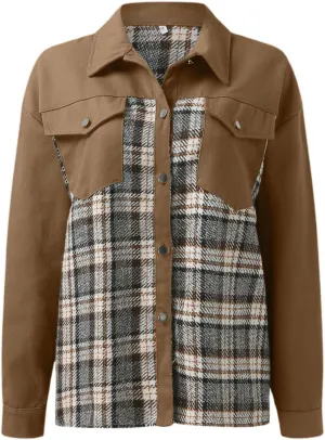Womens Long Flannel Coats Plaid Shacke Long Sleeves Suit Collar Casual Button Down Loose Fit Trendy Bomber Jackets