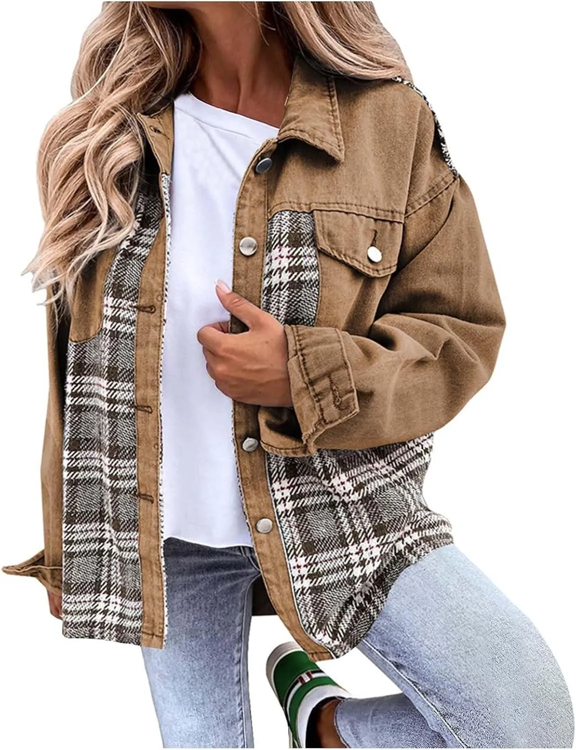 Womens Long Flannel Coats Plaid Shacke Long Sleeves Suit Collar Casual Button Down Loose Fit Trendy Bomber Jackets
