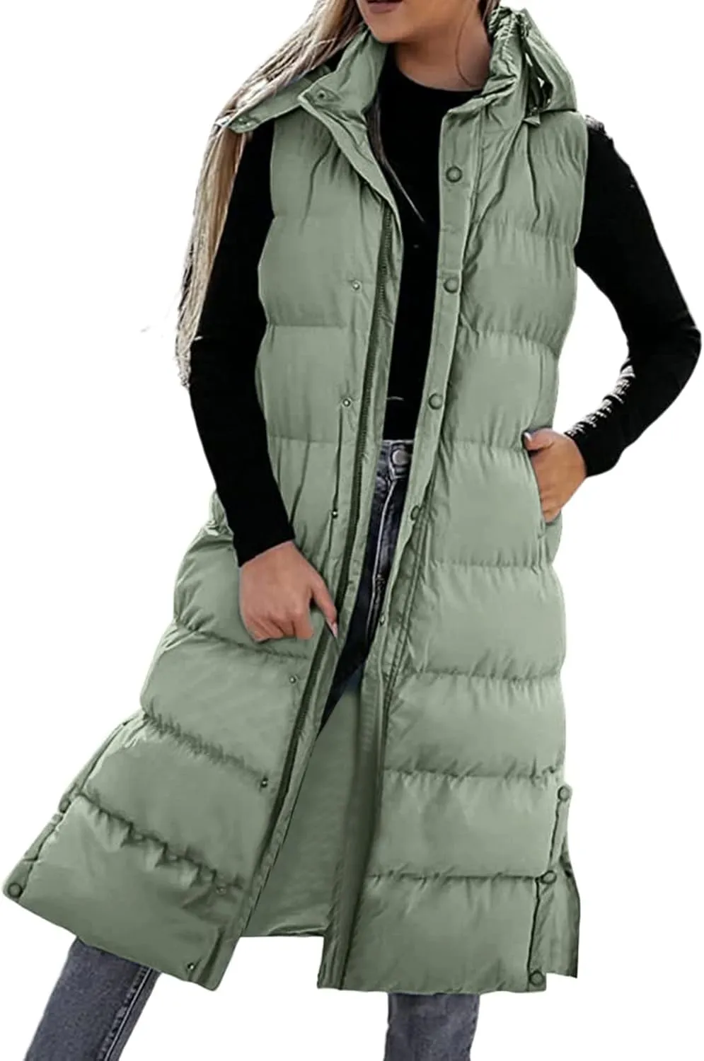 Women's Long Puffer Vest Winter Quilted Hooded Sleeveless Zip Up Down Outerwear Long Jacket Vest Gilet Coat with Pockets