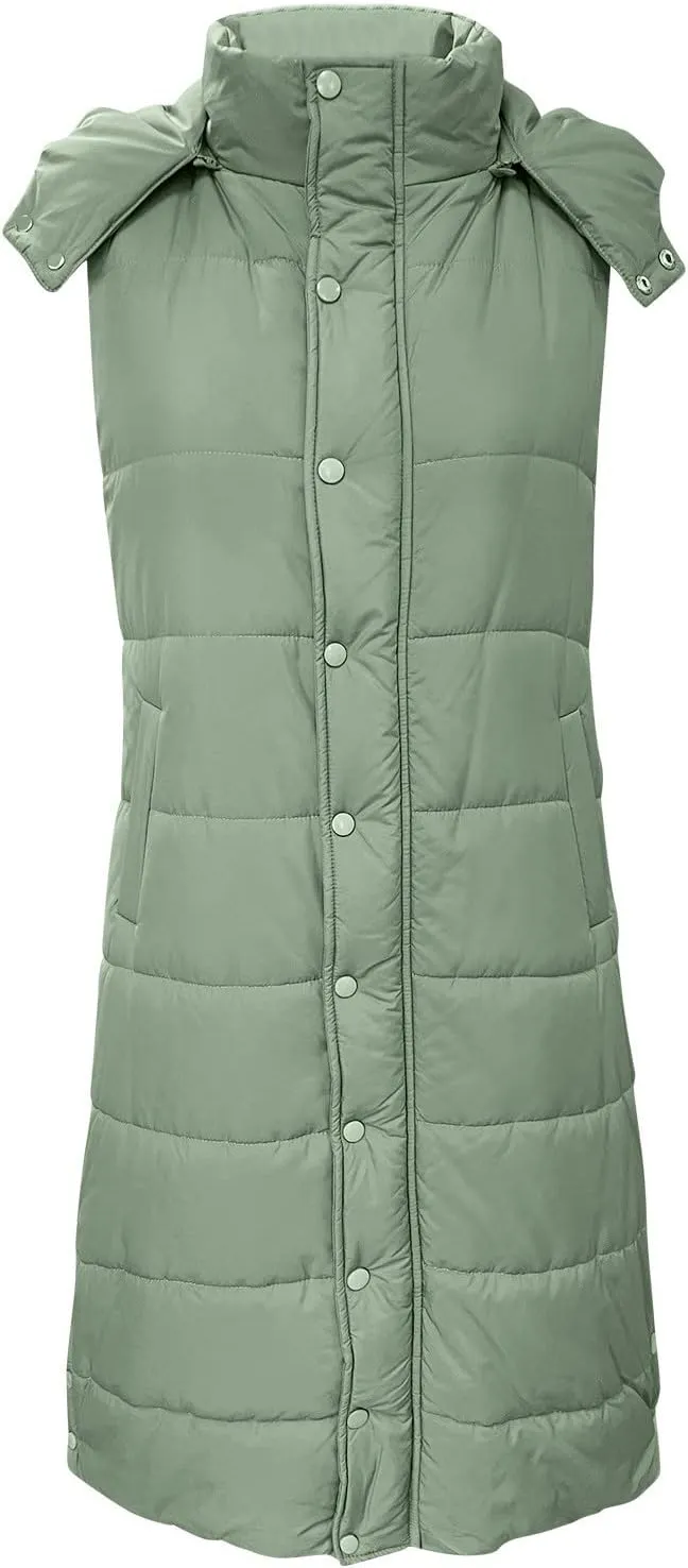 Women's Long Puffer Vest Winter Quilted Hooded Sleeveless Zip Up Down Outerwear Long Jacket Vest Gilet Coat with Pockets