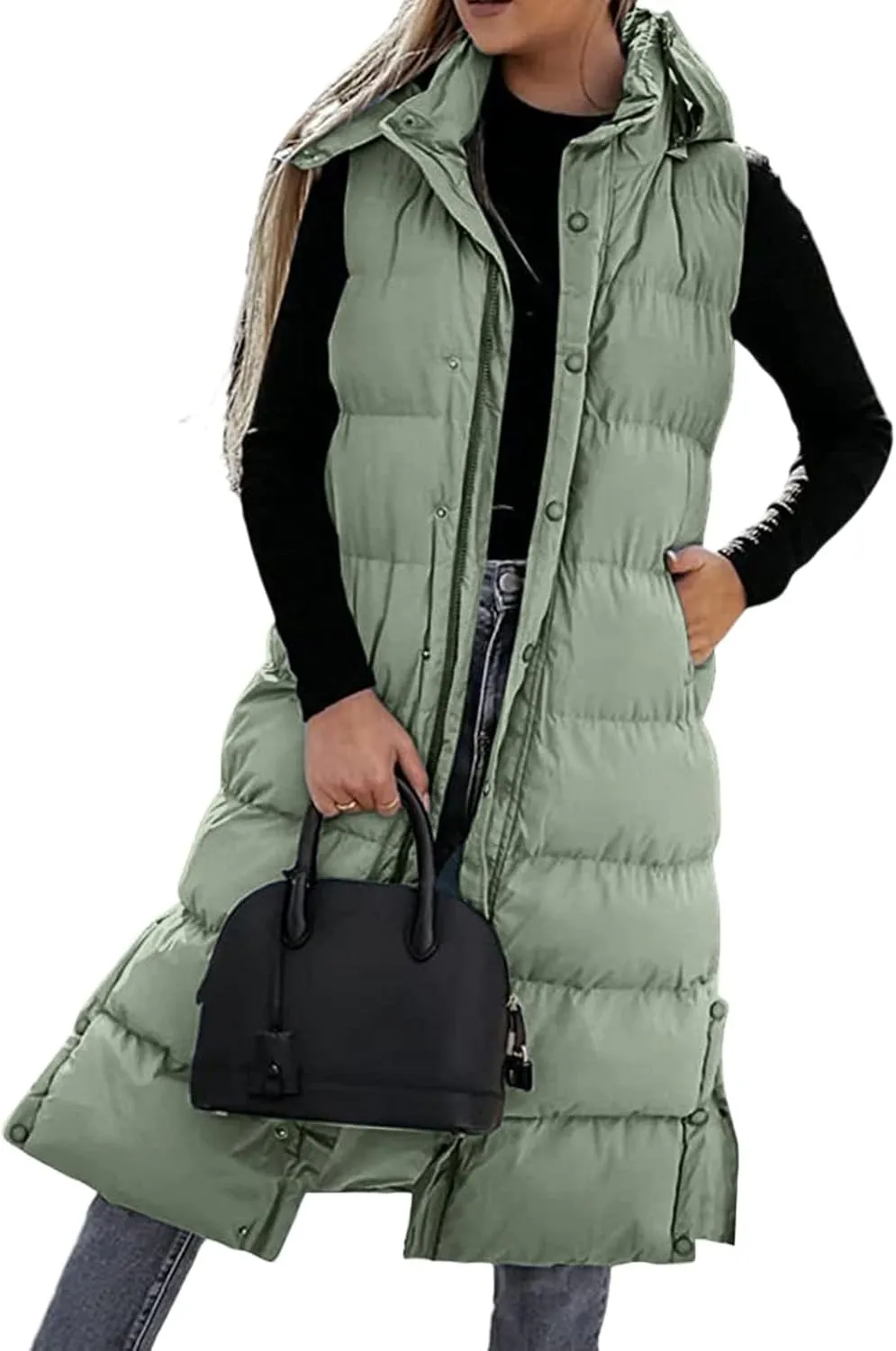 Women's Long Puffer Vest Winter Quilted Hooded Sleeveless Zip Up Down Outerwear Long Jacket Vest Gilet Coat with Pockets