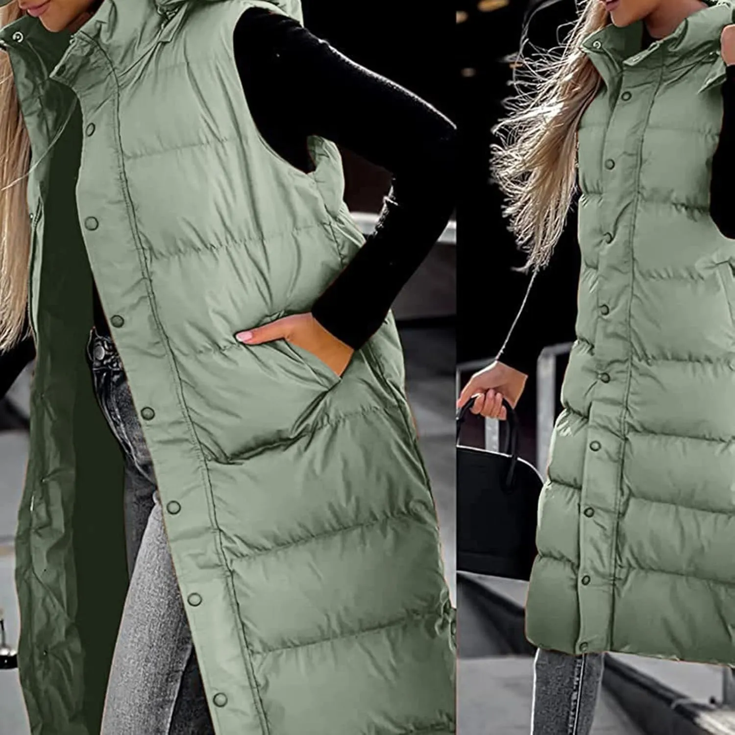 Women's Long Puffer Vest Winter Quilted Hooded Sleeveless Zip Up Down Outerwear Long Jacket Vest Gilet Coat with Pockets