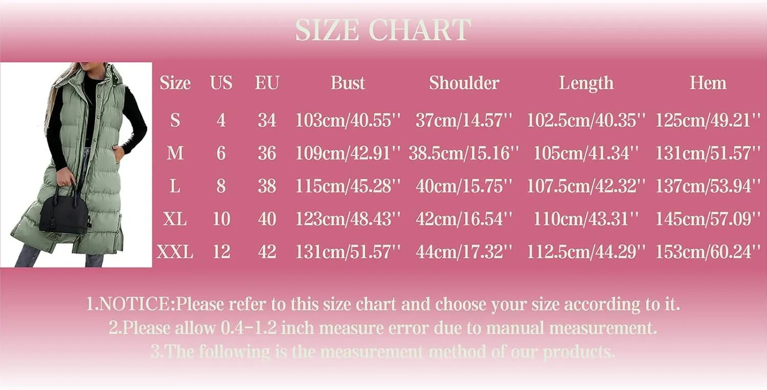 Women's Long Puffer Vest Winter Quilted Hooded Sleeveless Zip Up Down Outerwear Long Jacket Vest Gilet Coat with Pockets