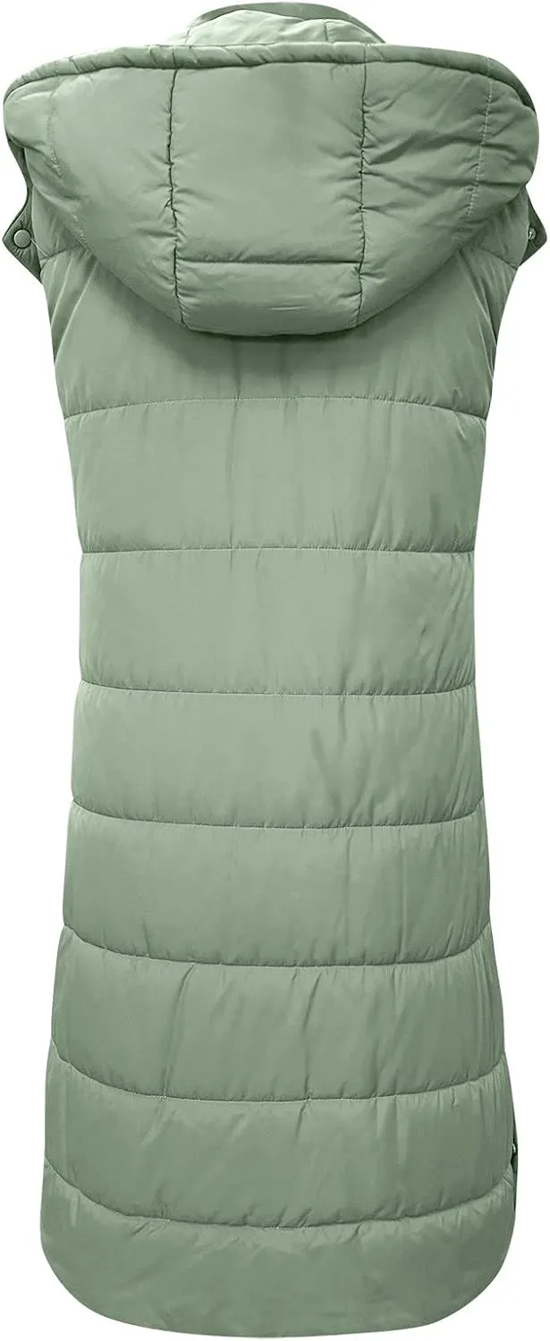 Women's Long Puffer Vest Winter Quilted Hooded Sleeveless Zip Up Down Outerwear Long Jacket Vest Gilet Coat with Pockets