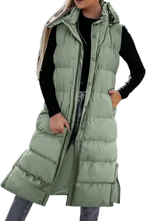 Women's Long Puffer Vest Winter Quilted Hooded Sleeveless Zip Up Down Outerwear Long Jacket Vest Gilet Coat with Pockets