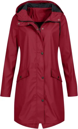 Women's Long Raincoat Jacket Solid Color Zipper Down Windproof Hooded Jackets Outdoor Lightweight Oversized Coats