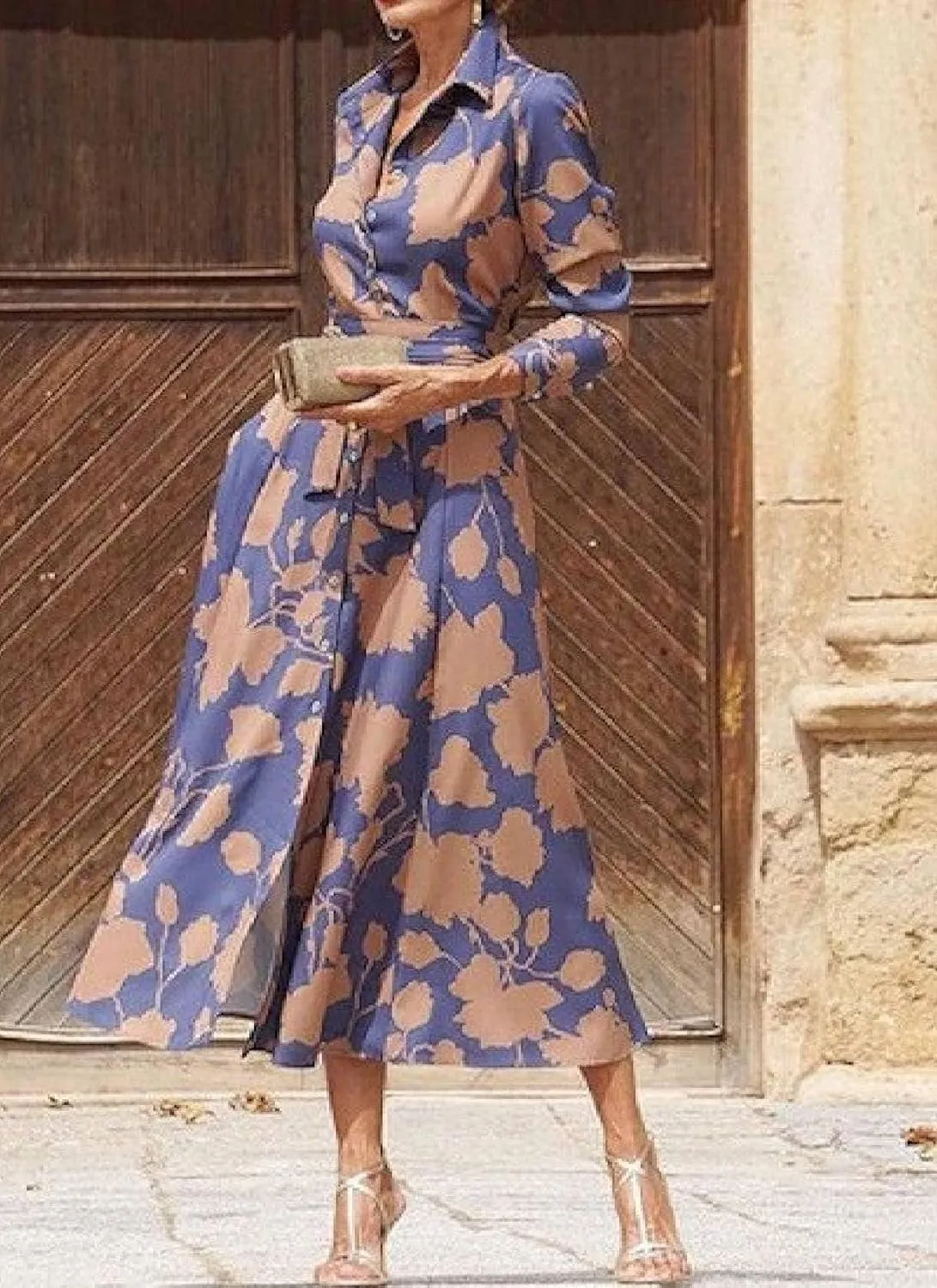 Women's Midi Dress Collared Long Sleeve Floral Print Stylish High Waist Unique 2025 Summer Spring Guest Dress