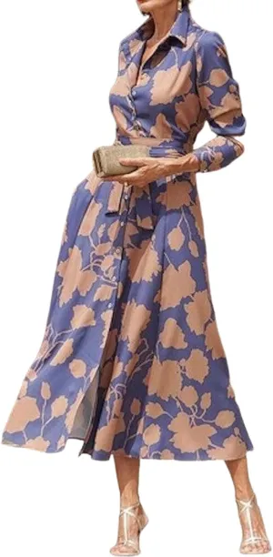 Women's Midi Dress Collared Long Sleeve Floral Print Stylish High Waist Unique 2025 Summer Spring Guest Dress