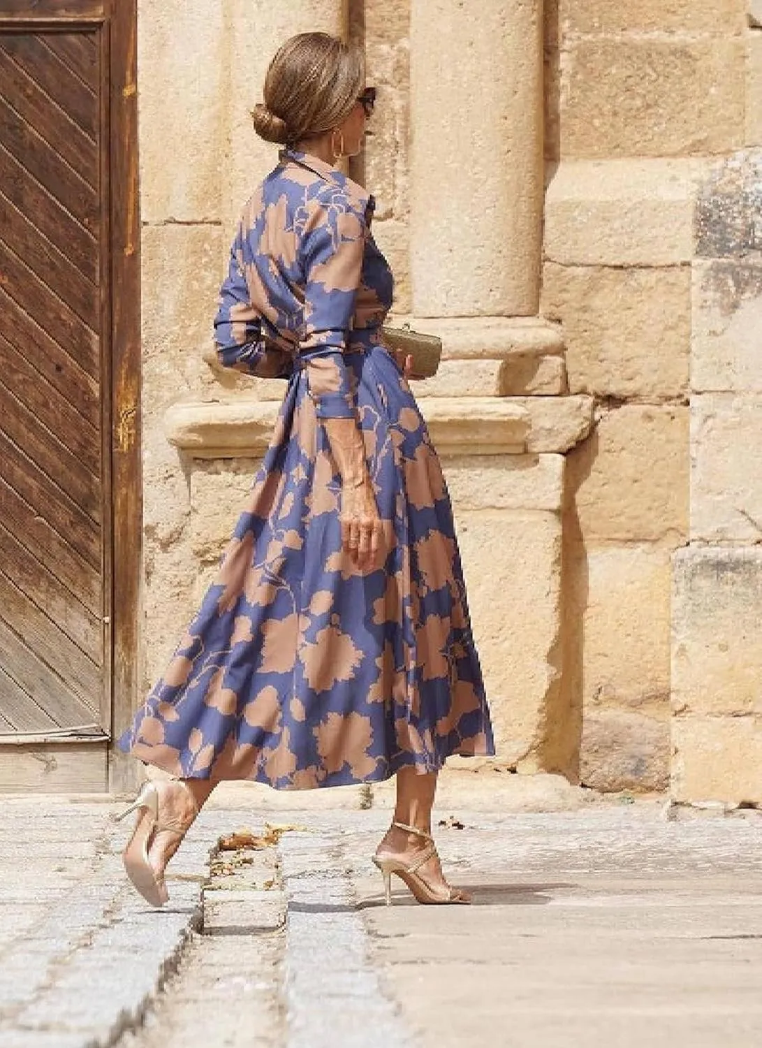 Women's Midi Dress Collared Long Sleeve Floral Print Stylish High Waist Unique 2025 Summer Spring Guest Dress