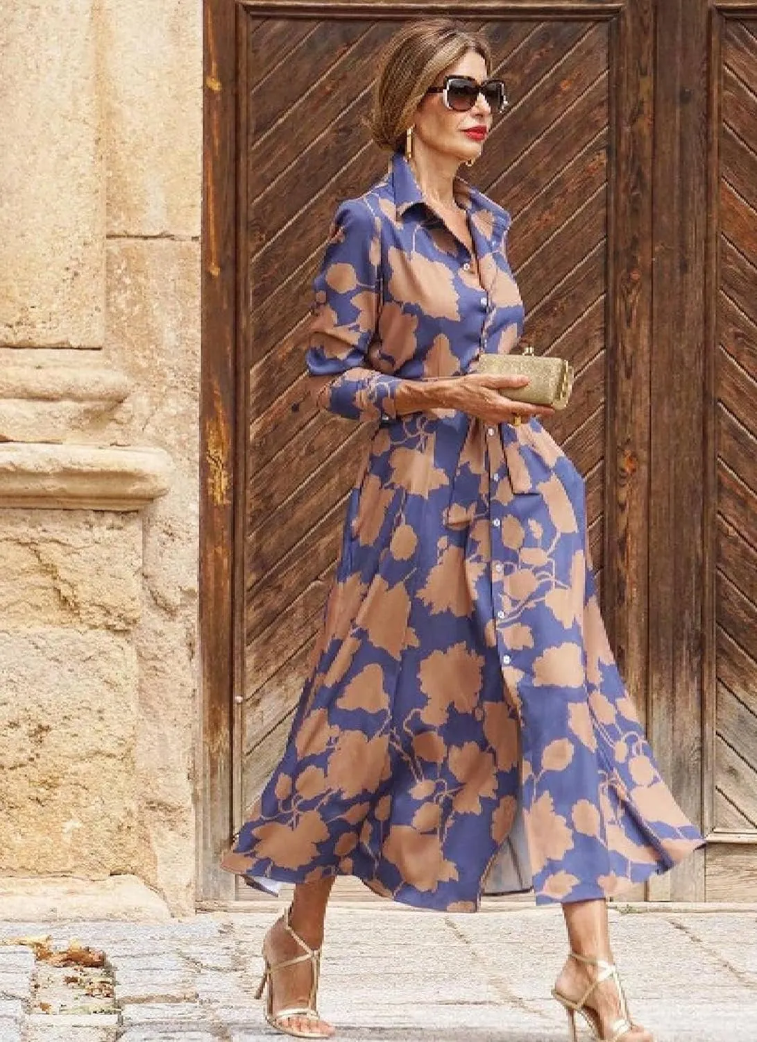 Women's Midi Dress Collared Long Sleeve Floral Print Stylish High Waist Unique 2025 Summer Spring Guest Dress