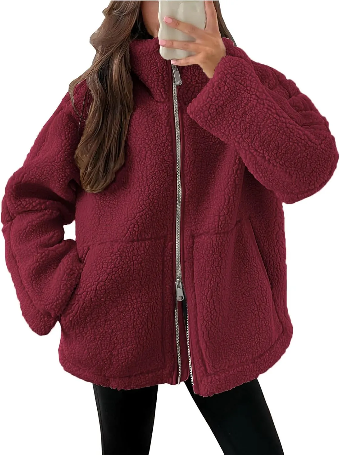 Womens Oversized Fleece Sherpa Lined Jacket Zip Up Long Sleeve Teddy Coat Casual Winter Warm Clothes with Pockets