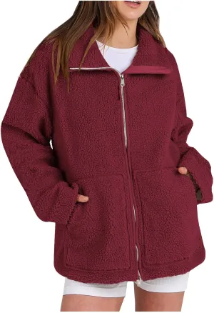 Womens Oversized Fleece Sherpa Lined Jacket Zip Up Long Sleeve Teddy Coat Casual Winter Warm Clothes with Pockets