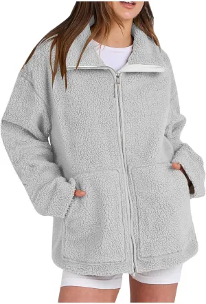 Womens Oversized Fleece Sherpa Lined Jacket Zip Up Long Sleeve Teddy Coat Casual Winter Warm Clothes with Pockets