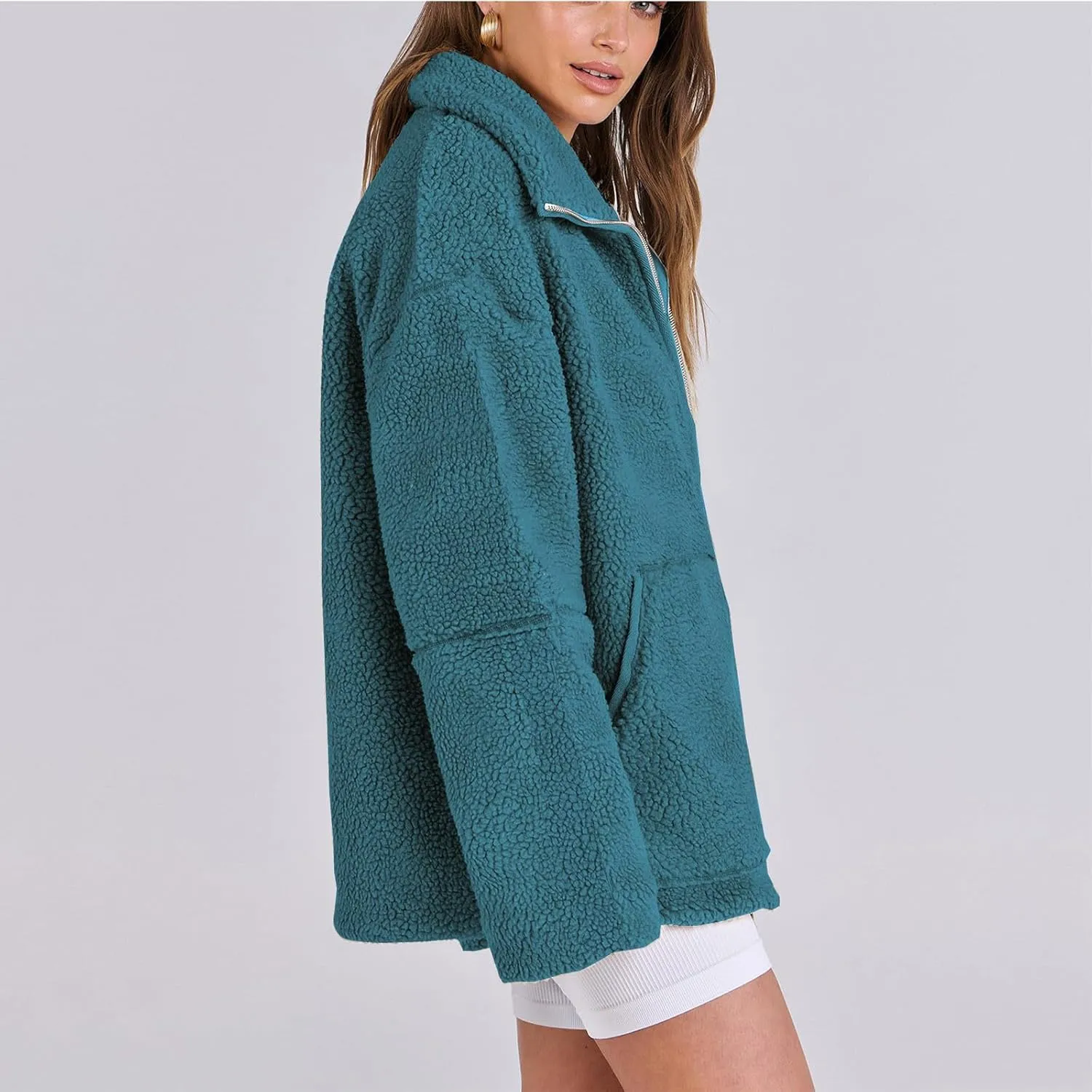 Womens Oversized Fleece Sherpa Lined Jacket Zip Up Long Sleeve Teddy Coat Casual Winter Warm Clothes with Pockets