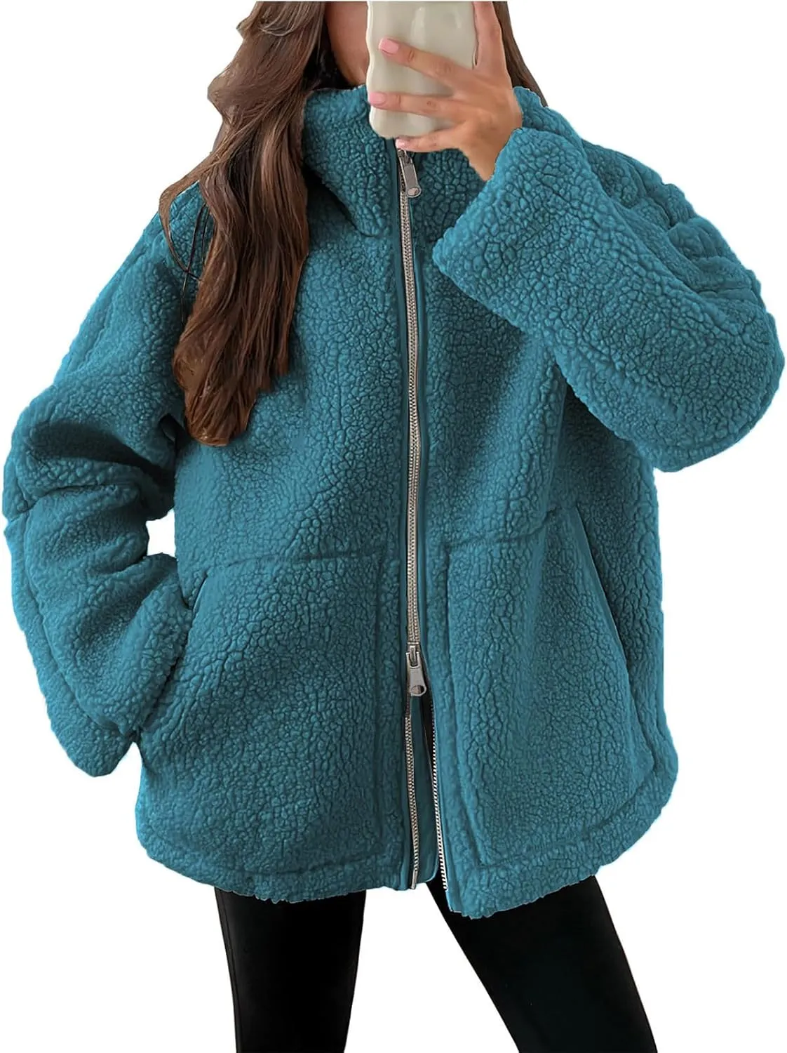 Womens Oversized Fleece Sherpa Lined Jacket Zip Up Long Sleeve Teddy Coat Casual Winter Warm Clothes with Pockets